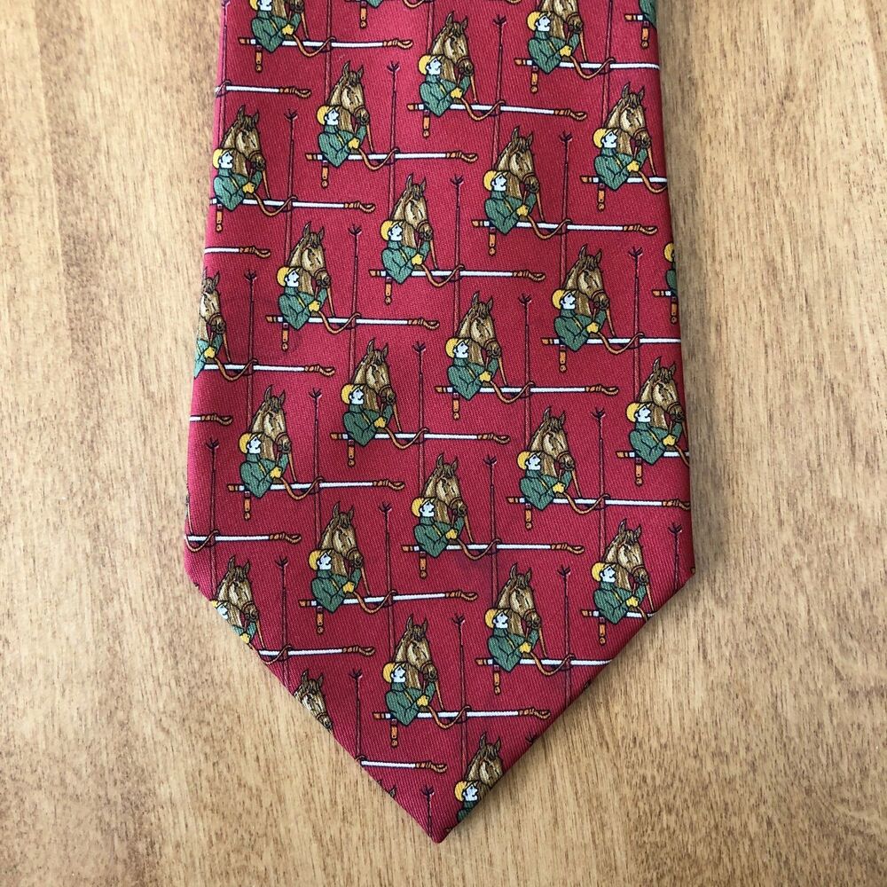 Salvatore Ferragamo Mens Tie Red 100% Silk Horse Racing Jockey Equestrian Italy